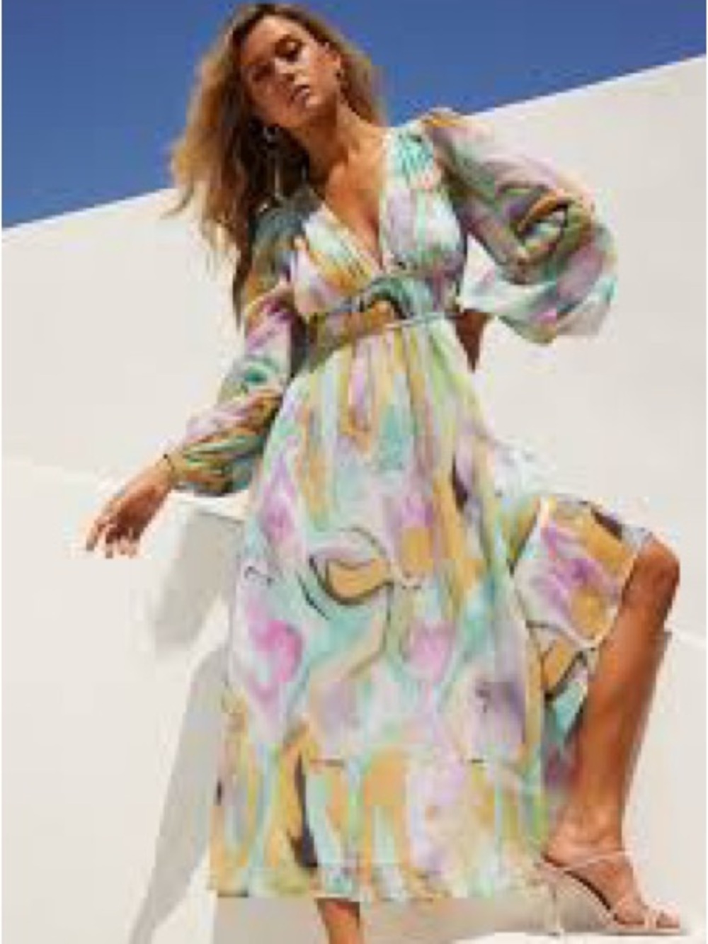 Pastel Multicolor V-Neck Maxi Dress with Long Sleeves